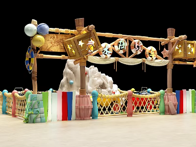 Colorful Children Play Equipment With Wooden Structure Decorative Balloons And Safe Railings 3d model