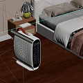 Bedroom Interior With Wooden Floor Brown Bedding Bedside Table Table Lamp And White Heater