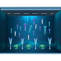 Elegant Blue Window Display Featuring Various Jellyfish Marine Decorations and Soft Lighting 3d model