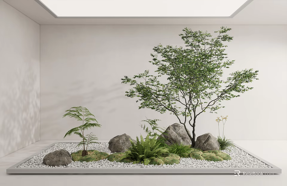 Indoor Plant Combination With Green Trees Small Shrubs Stones And White Pebbles 3d model 