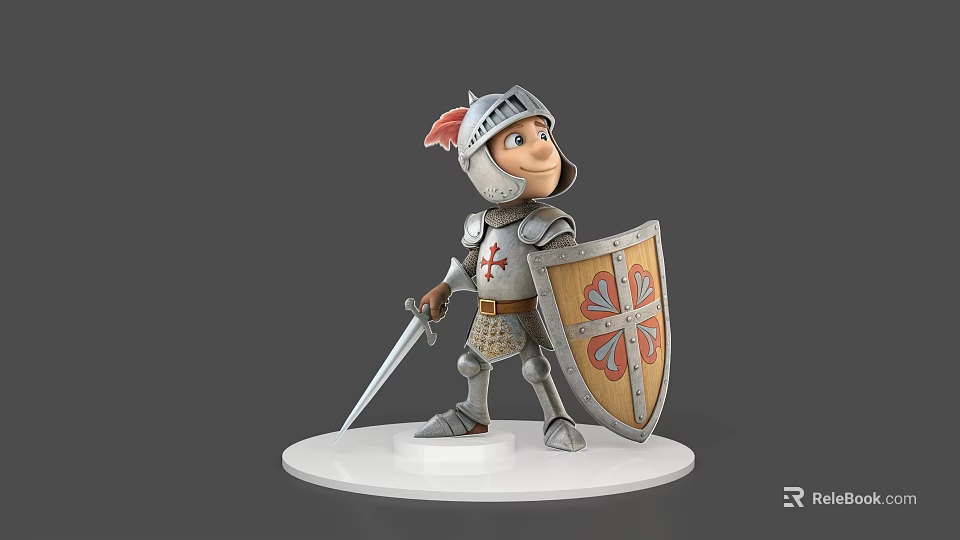 Cartoon Game Movie Character Knight In Silver Armor With Sword And Decorative Shield 3d model 