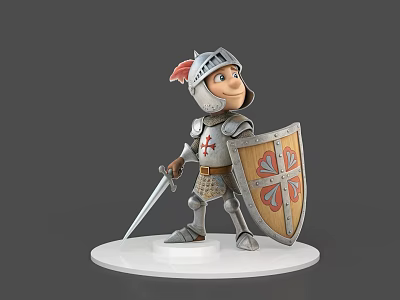 Cartoon Game Movie Character Knight In Silver Armor With Sword And Decorative Shield 3d model