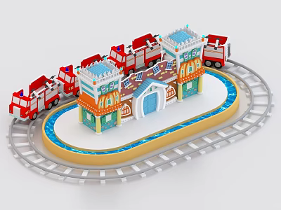 Electric Toy Train Set With Circular Railway Track Fire Trucks And Buildings 3d model