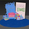 Floral Decoration Setup With Pink Floral Wall Sofa Gift Boxes And Bow Background Board