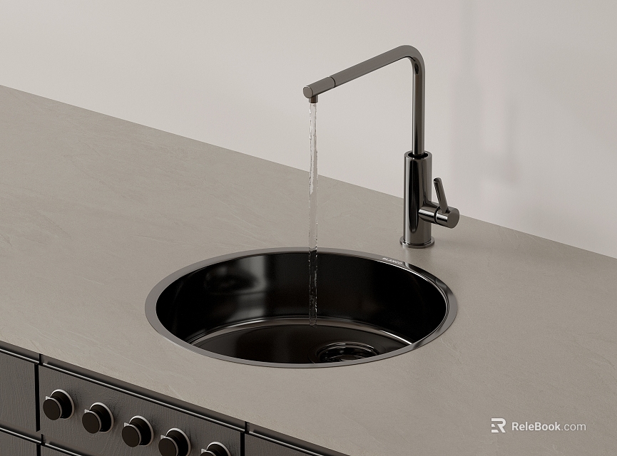 Sleek Modern Kitchen Faucet With Water Dripping Into Black Sink On Gray Countertop 3d model 