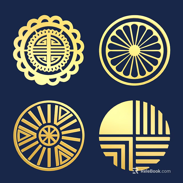 Golden Circular Patterns With Traditional Geometric Designs On Dark Blue Background 3d model 