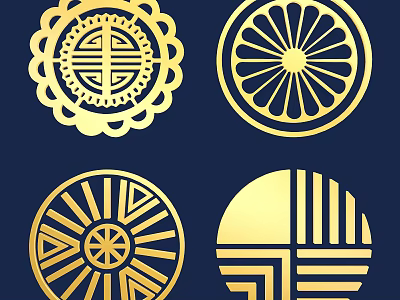 Golden Circular Patterns With Traditional Geometric Designs On Dark Blue Background 3d model