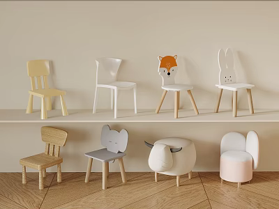 Cute Animal Shaped Kids Chairs with Wooden Design and Various Colors on Shelf and Floor 3d model