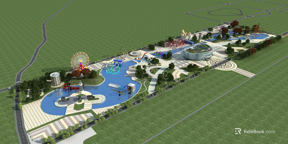 Vibrant Urban Plaza Landscape With Fountains Ferris Wheel Greenery And Walkways 3d model 
