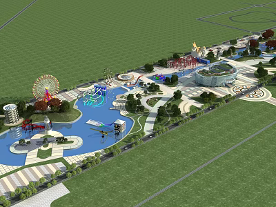 Vibrant Urban Plaza Landscape With Fountains Ferris Wheel Greenery And Walkways 3d model