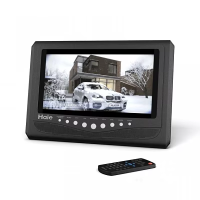 Hole Computer Monitor with Remote Control Displaying Car House in Snow Scene Sleek Black Design 3d model