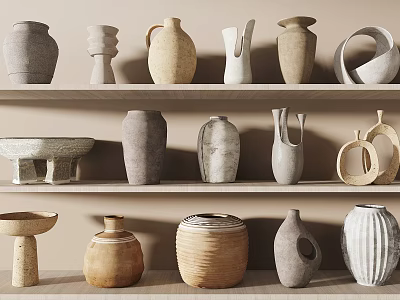 Diverse Ceramic Vessels on Wooden Shelves with Neutral Tones and Textured Designs 3d model