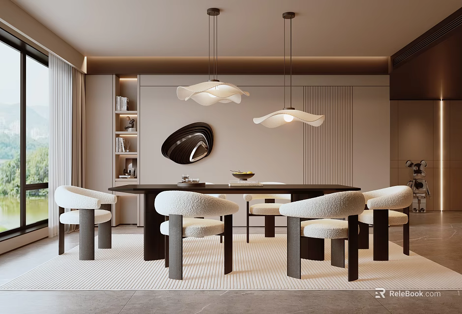Elegant Modern Dining Room Interior With Pendant Lights Round Table And Floor To Ceiling Windows 3d model 