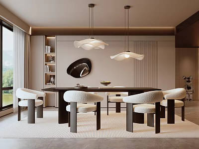 Elegant Modern Dining Room Interior With Pendant Lights Round Table And Floor To Ceiling Windows 3d model