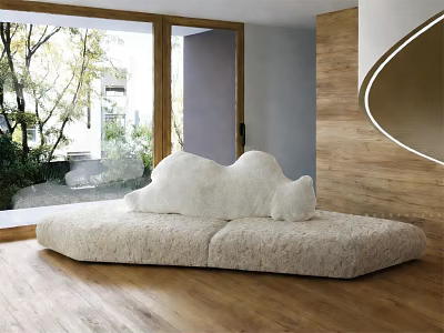 Plush Cream Two Seater Sofa In Bright Room With Large Window And Wooden Wall 3d model
