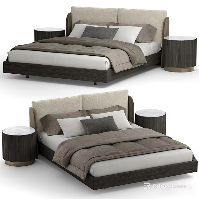 Modern Double Bed Design With Upholstered Headboard Round Nightstands And Bedding 3d model