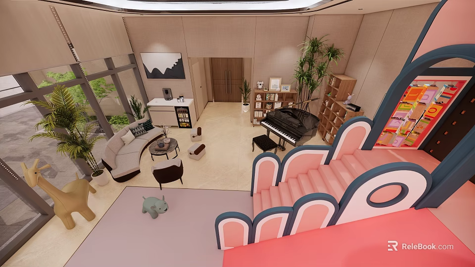 Fun Entertainment Room Interior Featuring Slide Piano Sofa Toys And Green Plants 3d model 