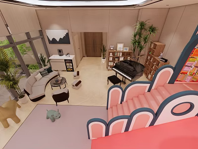 Fun Entertainment Room Interior Featuring Slide Piano Sofa Toys And Green Plants 3d model