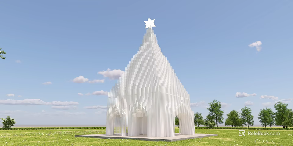 White Arched Spire Building With Star On Top In Green Grassland And Blue Sky 3d model 