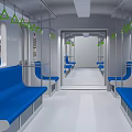 Modern Subway Car Interior With Blue Seats Silver Handrails And Green Triangular Signs