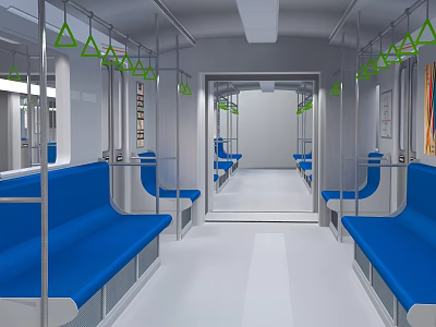 Modern Subway Car Interior With Blue Seats Silver Handrails And Green Triangular Signs 3d model