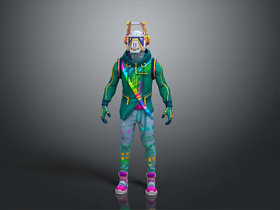 Futuristic Character In Green Armor With Colorful Accents And Mythical Creature Companion 3d model