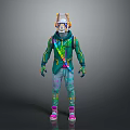 Futuristic Character In Green Armor With Colorful Accents And Mythical Creature Companion