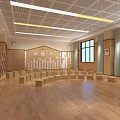 Kindergarten Bright Activity Room With Wooden Floor Small Stools Projection Screen And Bookshelves