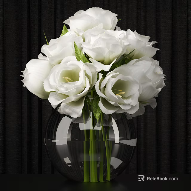 Blooming White Floral Arrangement In Transparent Glass Vase With Green Leaves And Dark Background 3d model 