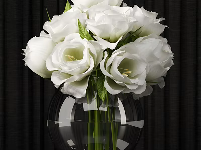 Blooming White Floral Arrangement In Transparent Glass Vase With Green Leaves And Dark Background 3d model