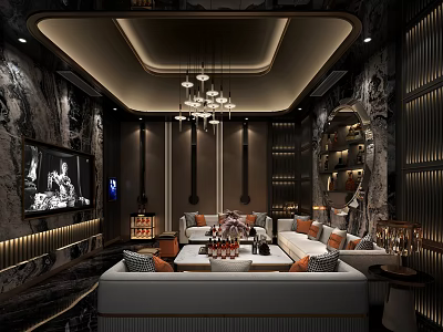 Elegant KTV Lounge Interior With Luxurious Seating Chandelier And TV Screen 3d model