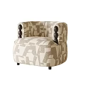 Stylish Accent Chair With Beige Brown Geometric Pattern And Black Spherical Armrests