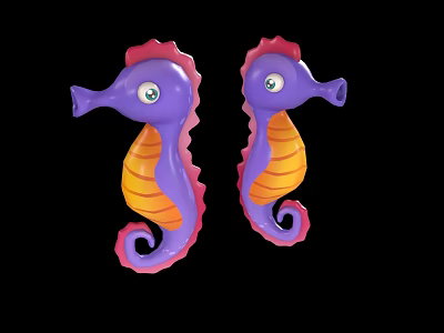 Colorful Seahorse Toys With Purple Body Yellow Stripes And Green Eyes On Black Background 3d model