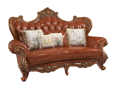 Classic Brown Leather Two Seater Sofa With Carved Details And Decorative Pillows 3d model
