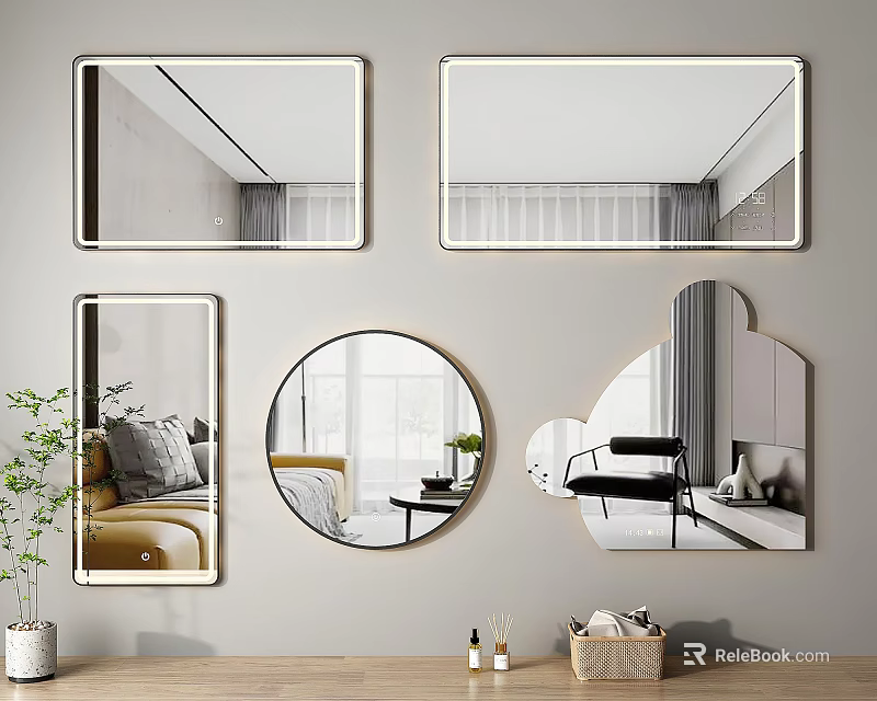 Sleek Bathroom Mirrors In Rectangular Round Arched Shapes With Gold Frame For Modern Bathroom Interior 3d model