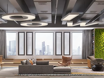 Modern Lounge Area With Floor to Ceiling Windows City View Green Wall Sofa and Armchair 3d model