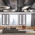 Modern Lounge Area With Floor to Ceiling Windows City View Green Wall Sofa and Armchair
