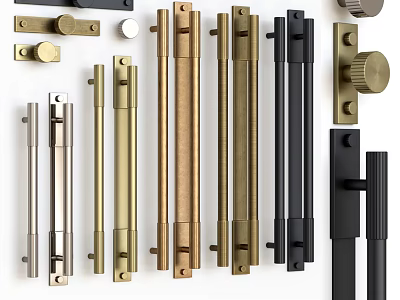 Various Styles of Brass Black and Silver Metal Door Handles on White Background 3d model