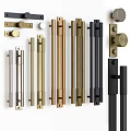 Various Styles of Brass Black and Silver Metal Door Handles on White Background