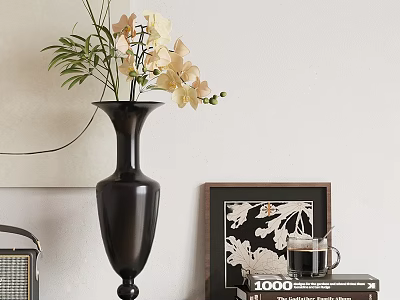 Black Vase With Yellow Orchid Flowers Framed Art Books And Cup On White Wall 3d model