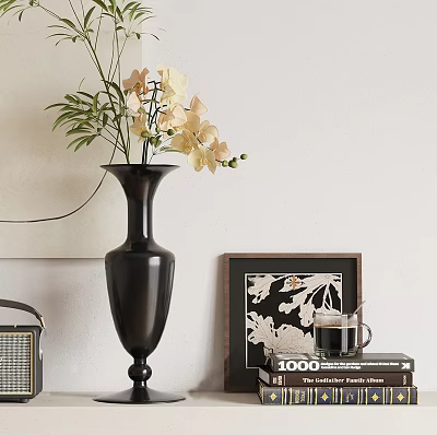 Black Vase With Yellow Orchid Flowers Framed Art Books And Cup On White Wall 3d model
