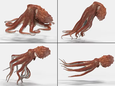 Reddish Brown Octopus With Extended Tentacles In Various Poses And Multiple Views 3d model