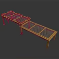 Two Wooden Equipment Tables With Grid Top Surfaces And Sturdy Legs