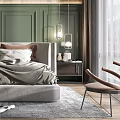 Modern Bedroom Interior Design With Green Paneled Wall Wooden Accents Upholstered Bed And Area Rug