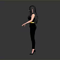 Game Movie Female Character With Long Black Hair Black Jumpsuit Yellow Belt And High Heels