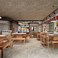 Industrial Style Hot Pot Restaurant Interior With Loft Design Wooden Tables Red Blue Crates