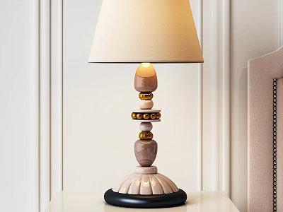 Elegant Wooden Layered Table Lamp With Beige Fabric Lampshade On Bedroom Bedside Table 3d model