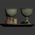 Decorative Round Tray With Green Goblets Brown Bag Gold Coins And Coin Rolls