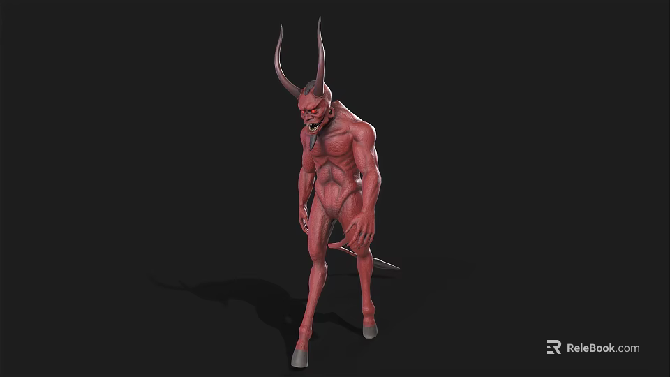 Game And Movie Character Red Demon With Large Horns Muscular Body And Tail 3d model 