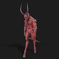 Game And Movie Character Red Demon With Large Horns Muscular Body And Tail